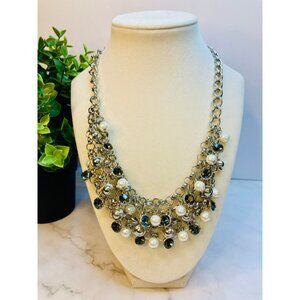 Chunky Silver-Tone Necklace With Faux Pearls & Black Crystal Accents By NY -123